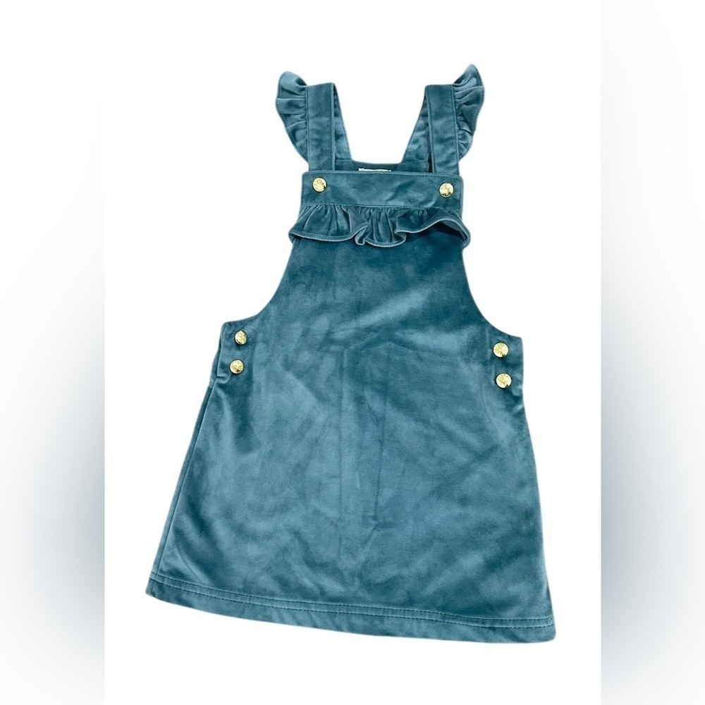 Tahari velveteen Teal Pinafore Dress snowflake Gold Buttons & ruffle straps 5
